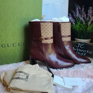 GUCCI Quentin GG Mignon leather bootie in vintage bordeaux/dusty brown color